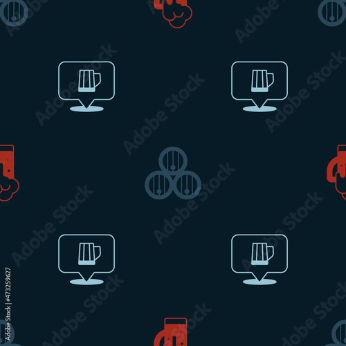 Set Glass of beer, Wooden barrel and mug on seamless pattern. Vector