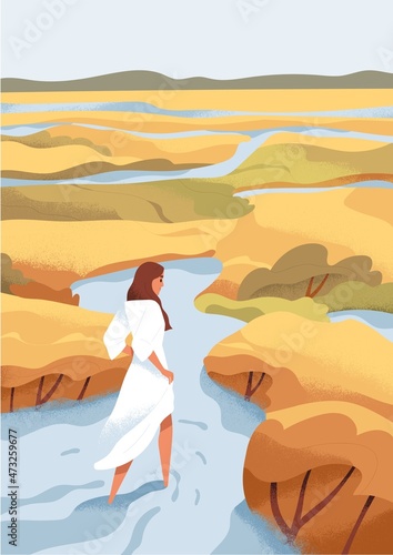 Person exploring nature, walking in peaceful landscape alone. Explorer in journey. Serene woman travel in valley in solitude. Concept of searching and discovering way. Colored Flat vector illustration