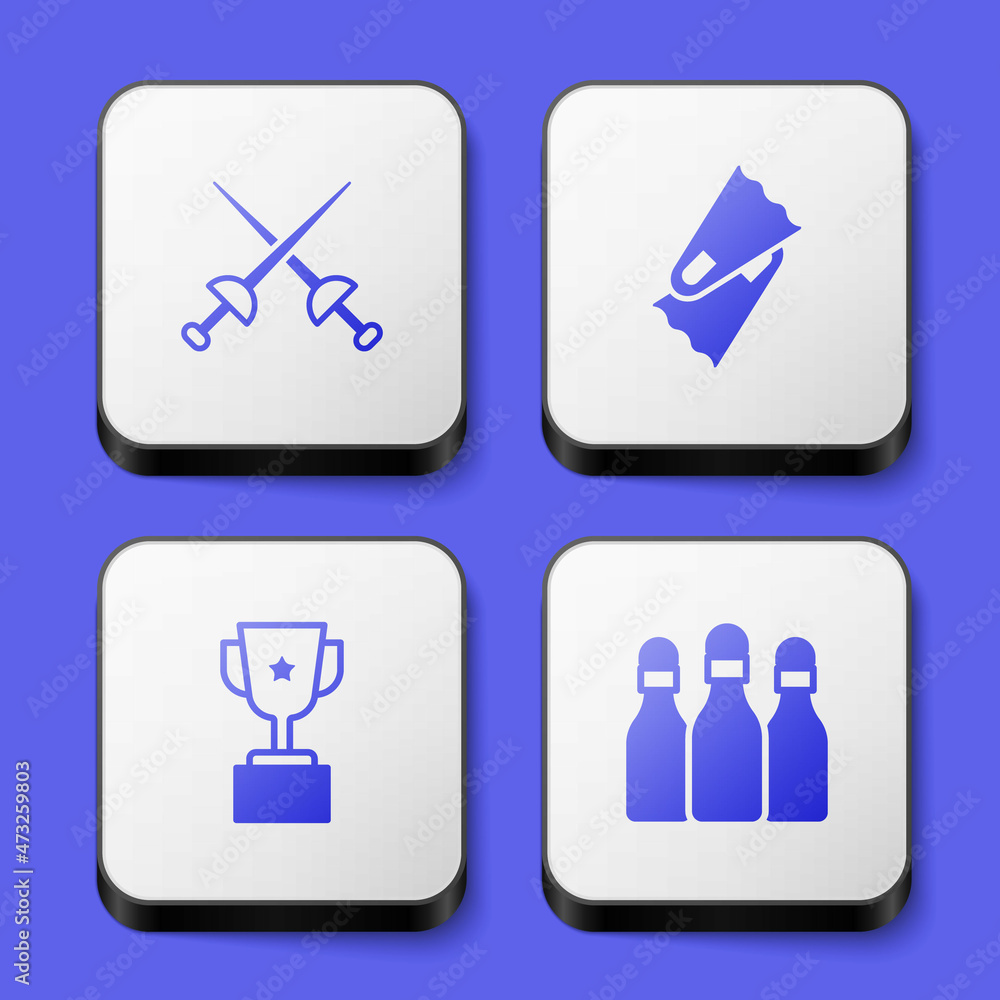 Set Fencing, Flippers for swimming, Award cup and Bowling pin icon. White square button. Vector Set Fencing, Flippers for swimming, Award cup and Bowling pin icon. White square button. Vector