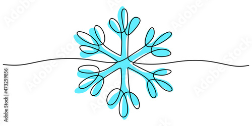 Continuous one single line of blue snowflake for christmas ornament decoration isolated on white background.