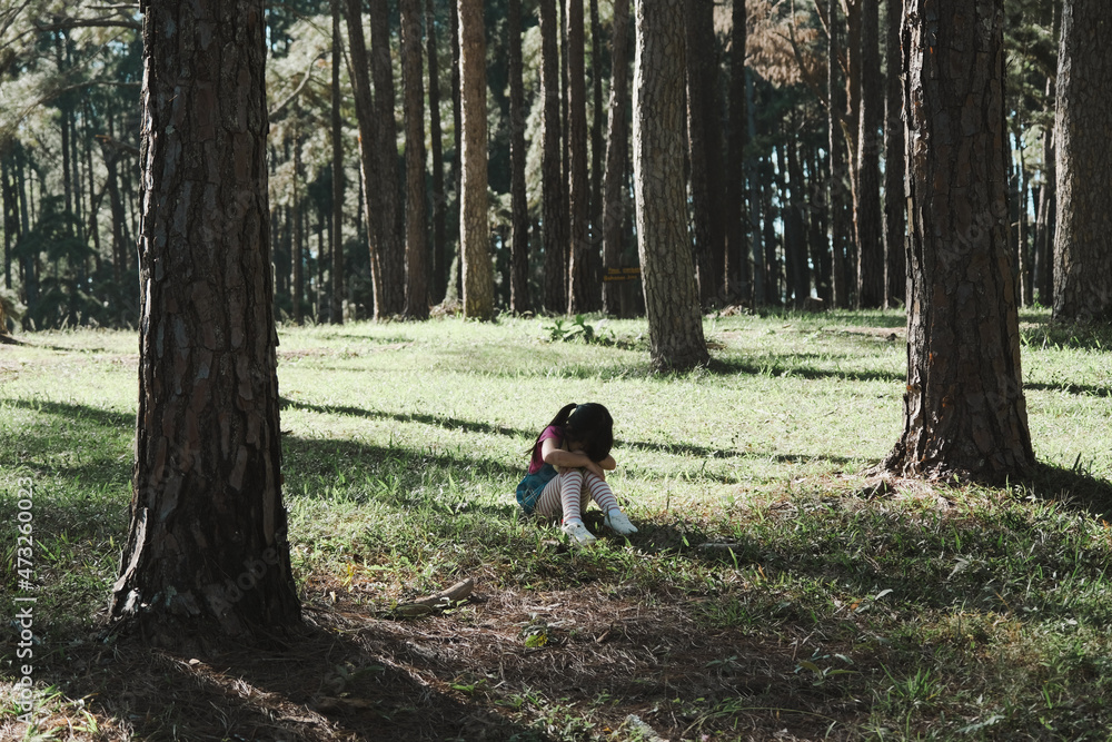 Cute little girl sits on the grass with her eyes closed while playing hide and seek with her family in the park. Happy child spending time with her family on vacation. Cute little girl sits on the grass with her eyes closed while playing hide and seek with her family in the park. Happy child spending time with her family on vacation.