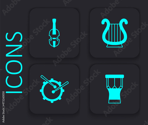 Set African percussion drum, Violin, Ancient Greek lyre and Drum with sticks icon. Black square button. Vector