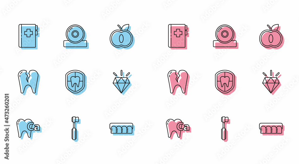 Set line Calcium for tooth, Toothbrush, Clipboard with dental card, Dentures model, Dental protection, Diamond teeth, Broken and Otolaryngological head reflector icon. Vector Set line Calcium for tooth, Toothbrush, Clipboard with dental card, Dentures model, Dental protection, Diamond teeth, Broken and Otolaryngological head reflector icon. Vector