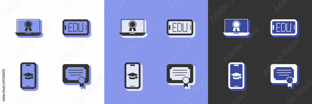 Set Certificate template, Online education with diploma, Graduation cap mobile and icon. Vector Set Certificate template, Online education with diploma, Graduation cap mobile and icon. Vector