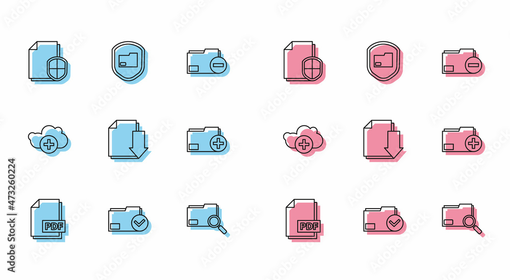 Set line PDF file document, Document folder and check mark, protection concept, Search with, download, Add new, cloud and icon. Vector Set line PDF file document, Document folder and check mark, protection concept, Search with, download, Add new, cloud and icon. Vector