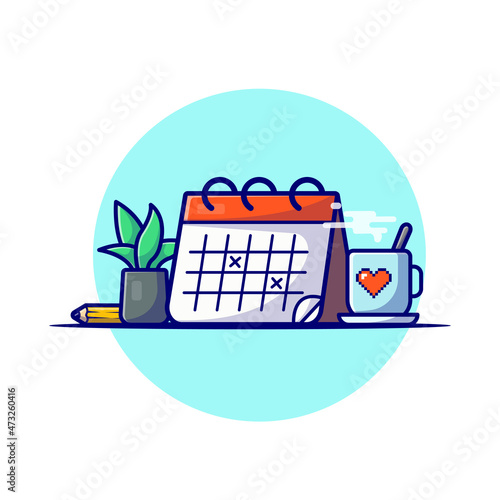 Calendar With Coffee, Plant And Pencil Cartoon Vector Icon Illustration. Business Object Icon Concept Isolated Premium Vector. Flat Cartoon Style