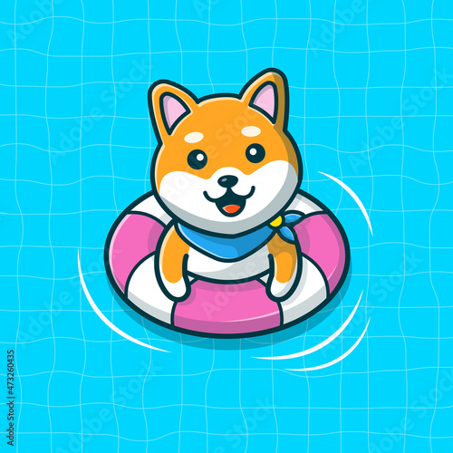 Cute Shiba Inu Dog Floating With Swimming Tires Cartoon Vector Icon Illustration. Animal Holiday Icon Concept Isolated Premium Vector. Flat Cartoon Style