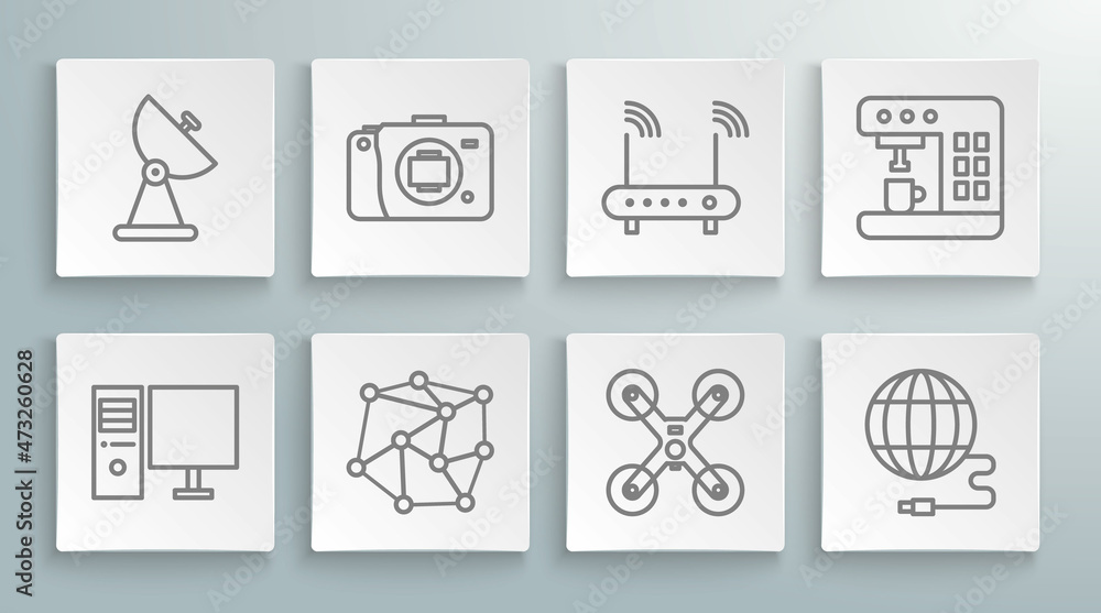Naklejka premium Set line Computer monitor, Mirrorless camera, Neural network, Drone flying, Social, Router and wi-fi signal, Coffee machine and Radar icon. Vector