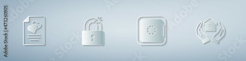 Set Marriage contract, Broken or cracked lock, Safe and House in hand. Paper art style. Vector