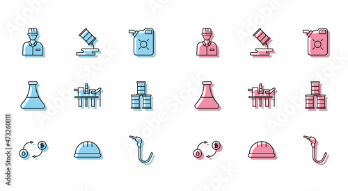 Set line Oil exchange, Worker safety helmet, Oilman, Gasoline pump nozzle, platform the sea, Barrel oil, petrol test tube and leak icon. Vector