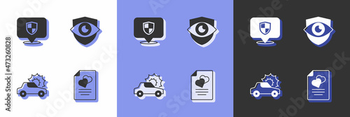 Set Marriage contract, Location shield, Car insurance and Shield and eye icon. Vector