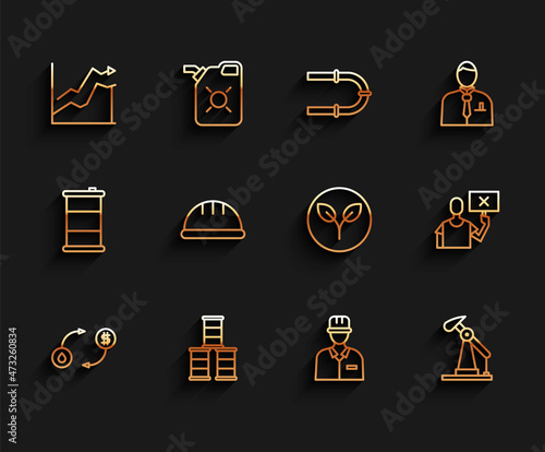 Set line Oil exchange, Barrel oil, price increase, Oilman, pump or pump jack, Worker safety helmet, Nature saving protest and Bio fuel icon. Vector