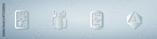 Set Air hockey table, Bowling pin, Table football and Game dice. Paper art style. Vector