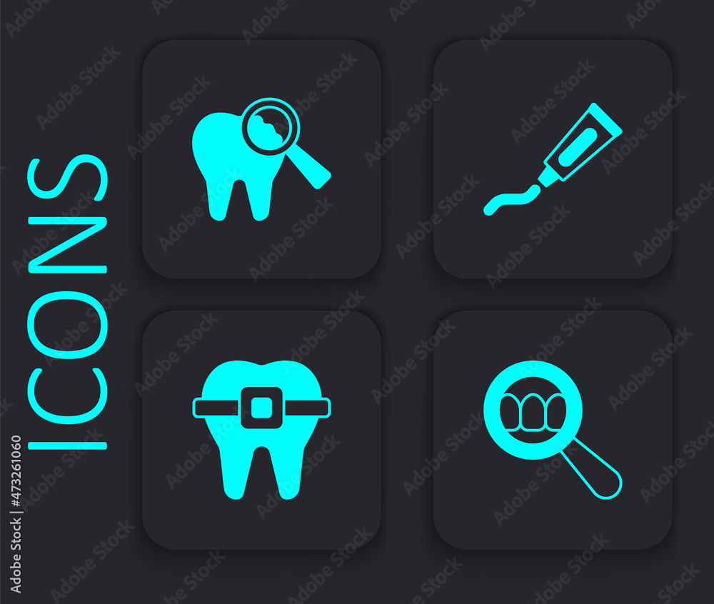 Set Dental search, Broken tooth, Tube of toothpaste and Teeth with braces icon. Black square button. Vector Set Dental search, Broken tooth, Tube of toothpaste and Teeth with braces icon. Black square button. Vector