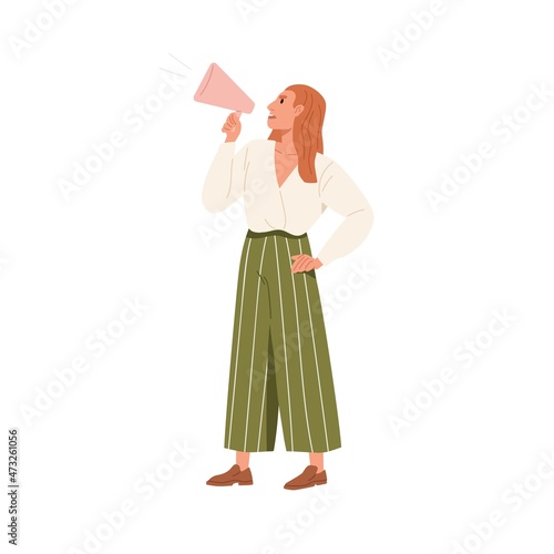 Person with megaphone shouting, calling for smth. Woman holding bullhorn, speaking, making announcement. Businesswoman with loudspeaker in hands Flat vector illustration isolated on white background