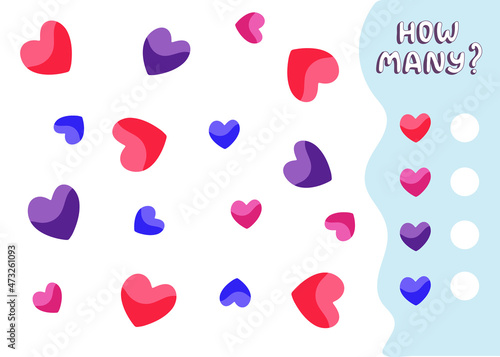 Counting educational game for preschool kids. Math children activity sheet. Count how many hearts there are and write down the result. Vector illustration 
