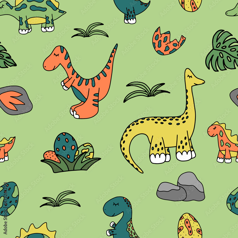 Fototapeta premium Baby cute dinosaur nursery vector seamless pattern