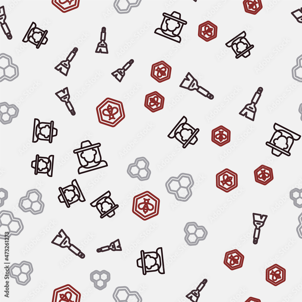 Set line Beekeeper with protect hat, Beekeeping brush, Honeycomb and and honeycomb on seamless pattern. Vector Set line Beekeeper with protect hat, Beekeeping brush, Honeycomb and and honeycomb on seamless pattern. Vector