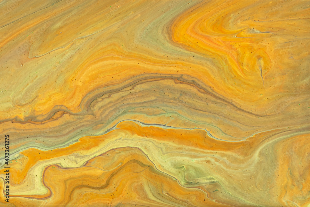 Abstract fluid art background bright orange and yellow colors. Liquid marble. Acrylic painting with ocher gradient.