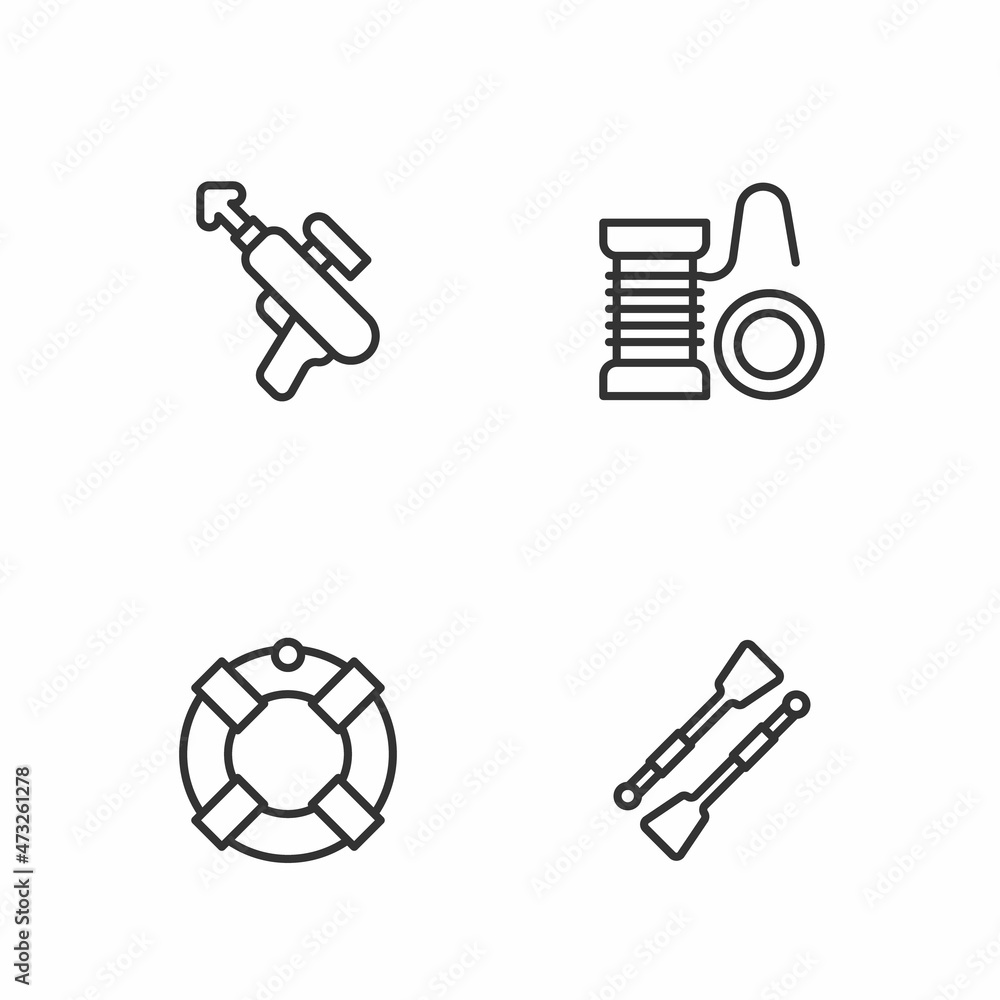 Set line Oars or paddles boat, Lifebuoy, Fishing harpoon and Spinning reel for fishing icon. Vector