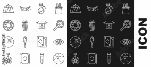 Set line Beach ball, Pentagram, Magic wand, Bottle with love potion, Popcorn in box, Star of David, Circus tent and scroll icon. Vector