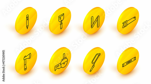Set line Construction bubble level, Hacksaw, Angle grinder, Wooden axe, Hand, Folding ruler, Putty knife and Pencil with eraser icon. Vector