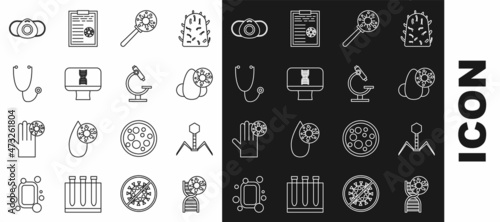 Set line DNA symbol and virus, Bacteria bacteriophage, Runny nose, Virus under magnifying glass, spiral computer, Stethoscope, Medical protective mask and Microscope icon. Vector