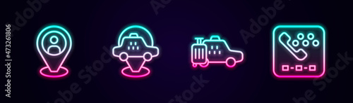 Set line Taxi client, Location taxi car, and call telephone service. Glowing neon icon. Vector