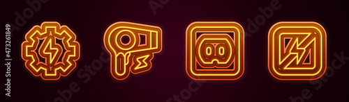 Set line Gear and lightning, Hair dryer, Electrical outlet and No. Glowing neon icon. Vector