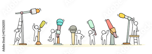 Cartoon working little people with microphones.