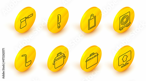 Set line Chef hat with location, Cooking pot, Kitchen ladle, Electric stove, Cutting board, Knife and Coffee turk icon. Vector