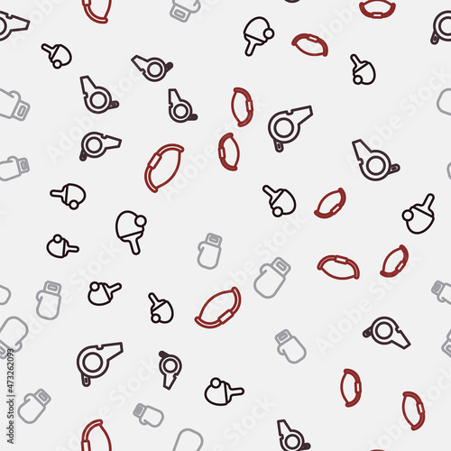 Set line Racket, Whistle, Boxing glove and Medieval bow on seamless pattern. Vector