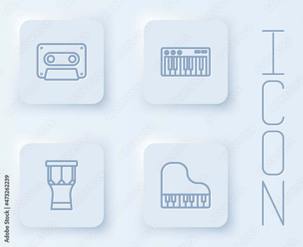 Set line Retro audio cassette tape, Music synthesizer, African percussion drum and Grand piano. White square button. Vector