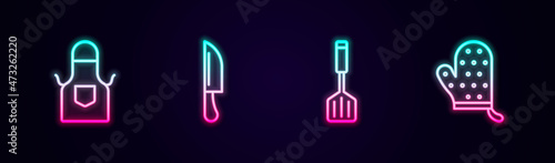 Set line Kitchen apron, Knife, Spatula and Oven glove. Glowing neon icon. Vector