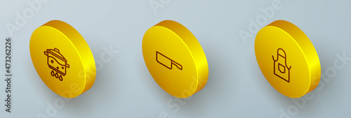 Set Isometric line Cooking pot on fire, Frying pan and Kitchen apron icon. Vector