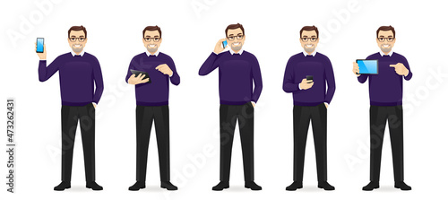 Mature business man in casual outfit with gadgets phone and tablet set isolated vector illustration