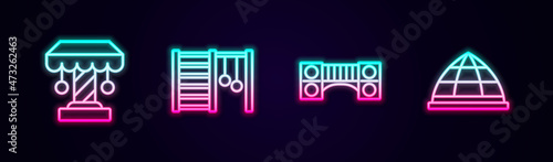 Set line Attraction carousel, Swedish wall, Playground kids bridge and climbing equipment. Glowing neon icon. Vector
