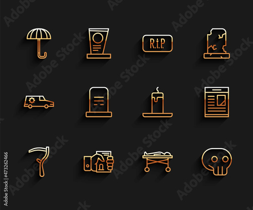 Set line Scythe, Death certificate in hand, Umbrella, Dead body morgue, Skull, Grave with tombstone, Obituaries and Burning candle icon. Vector