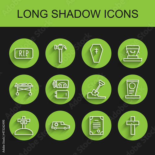 Set line Grave with cross, Hearse car, Speech bubble rip death, Death certificate, Christian, Crematorium, tombstone and Shovel in the ground icon. Vector