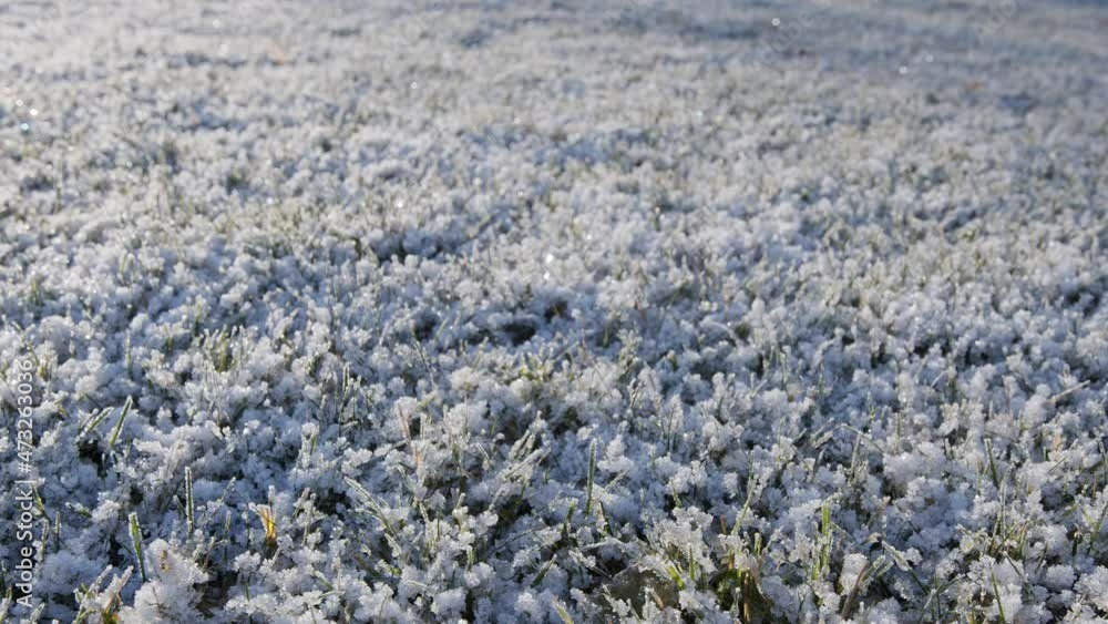 Slow camera movement along frozen grass with frost patterns on a sunny winter day. Great Christmas or New Year background. Slow camera movement along frozen grass with frost patterns on a sunny winter day. Great Christmas or New Year background.