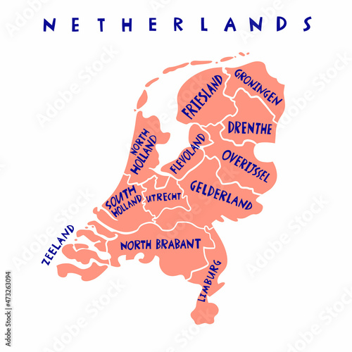 Vector hand drawn Netherlands states map. Netherlands Kingdom travel illustration. Geography illustration. Europe map element