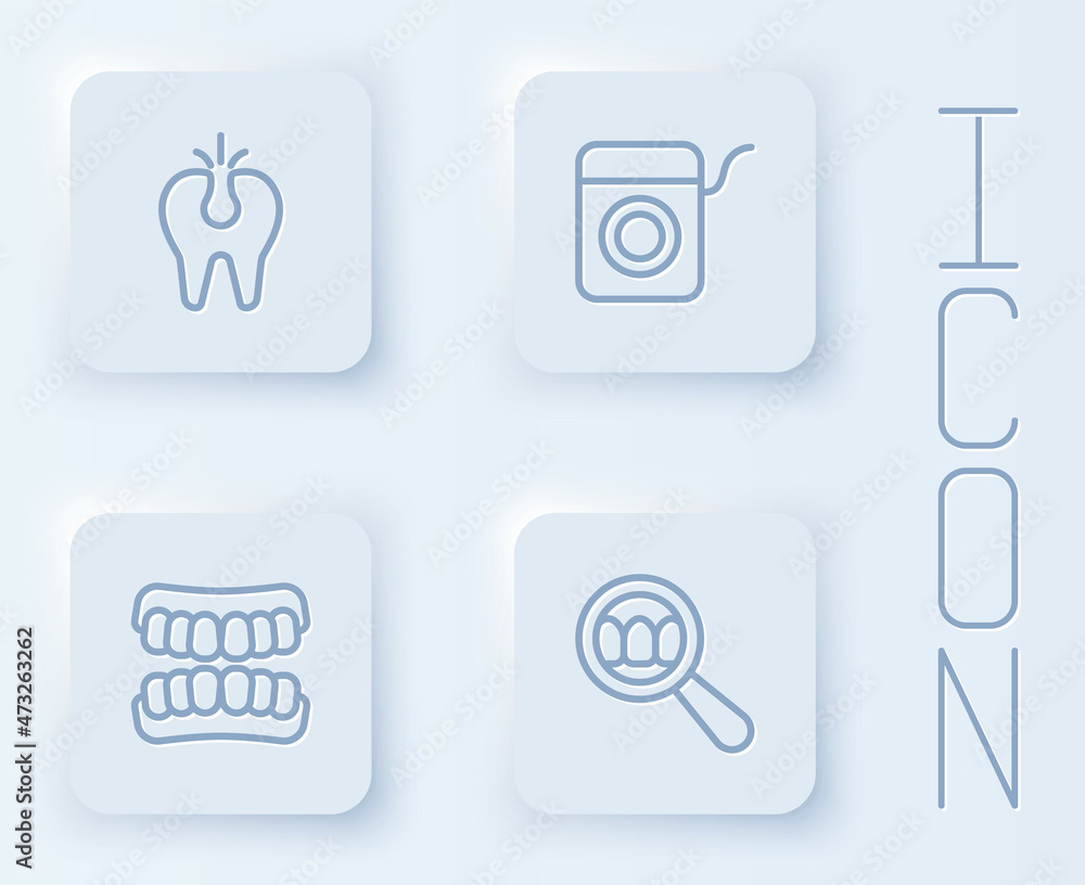 Set line Broken tooth, Dental floss, Dentures model and search. White square button. Vector