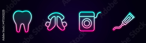 Set line Tooth, Dental tooth plate, floss and Tube of toothpaste. Glowing neon icon. Vector