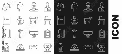 Set line Pet award, Grooming salon price list, grooming table, Cat scratching post, shampoo, Dog muzzle and icon. Vector