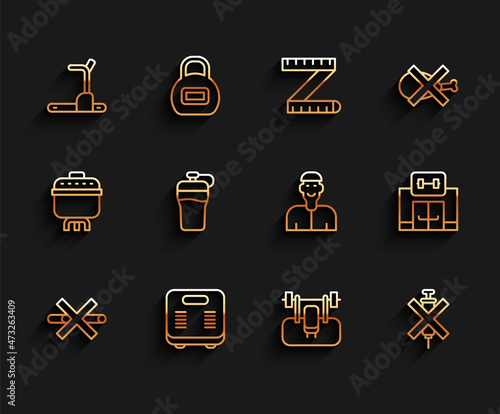 Set line No Smoking, Bathroom scales, Treadmill machine, Bench with barbel, doping syringe, Fitness shaker, Gym building and Positive thinking icon. Vector