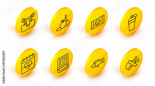 Set line No meat, Fish, Medical book, Heart rate, Fitness shaker, Sports nutrition, Fruit and Bench with barbel icon. Vector