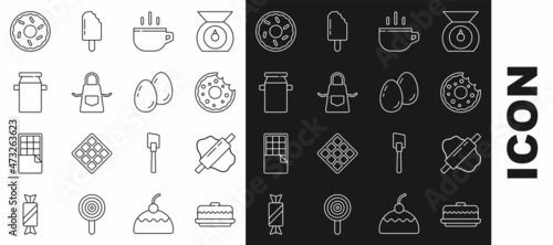 Set line Cake, Rolling pin on dough, Donut, Coffee cup, Kitchen apron, Can container for milk, and Easter eggs icon. Vector