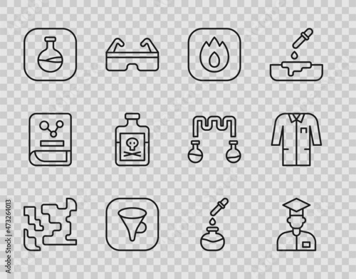 Set line Gaseous, Laboratory assistant, Fire flame, Funnel filter, Test tube and flask, Poison in bottle, and uniform icon. Vector