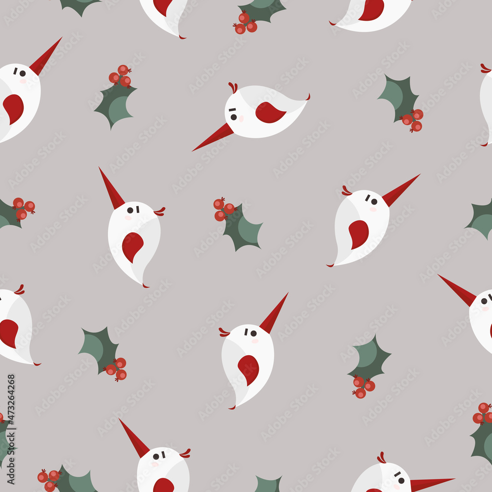Fototapeta premium Christmas bird with holly seamless pattern. Vector stock illustration