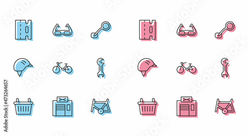 Set line Bicycle basket, repair service, lane, frame, Wrench spanner, helmet and Sport cycling sunglasses icon. Vector